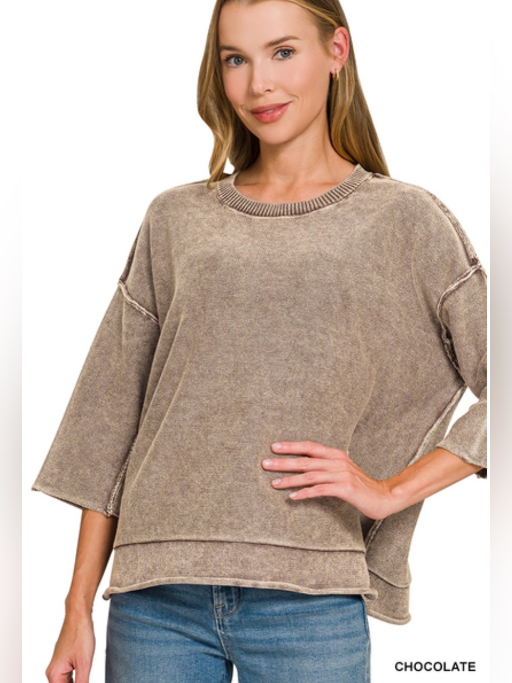 Zenana Chocolate Washed 3/4 Sleeve Boxy Sweater